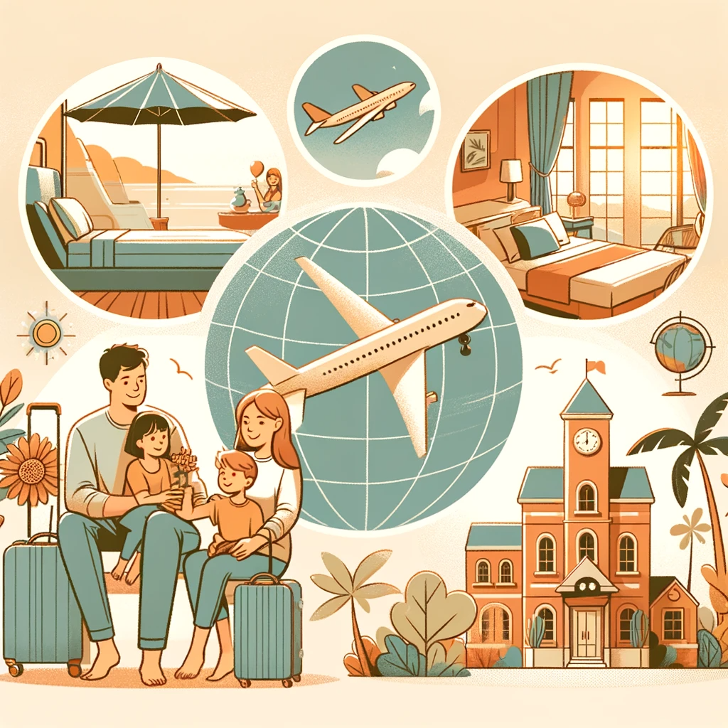 warm and inviting scene, focusing on family-friendly aspects of travel. It includes elements like a family enjoying a vacation, a comfortable hotel, a serene airplane journey, and a welcoming globe, all emphasizing the joy and comfort of family travel, along with the benefits of loyalty programs and deals.