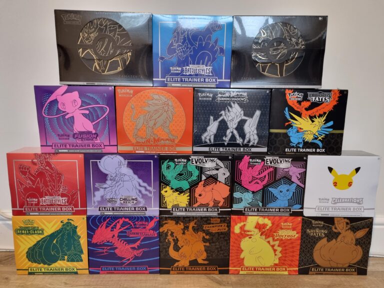 Stack of Elite Trainer Boxes (ETBs) from popular Pokémon TCG sets like Crown Zenith, Scarlet & Violet, and Evolving Skies, showcasing must-have bundles for collectors and players.